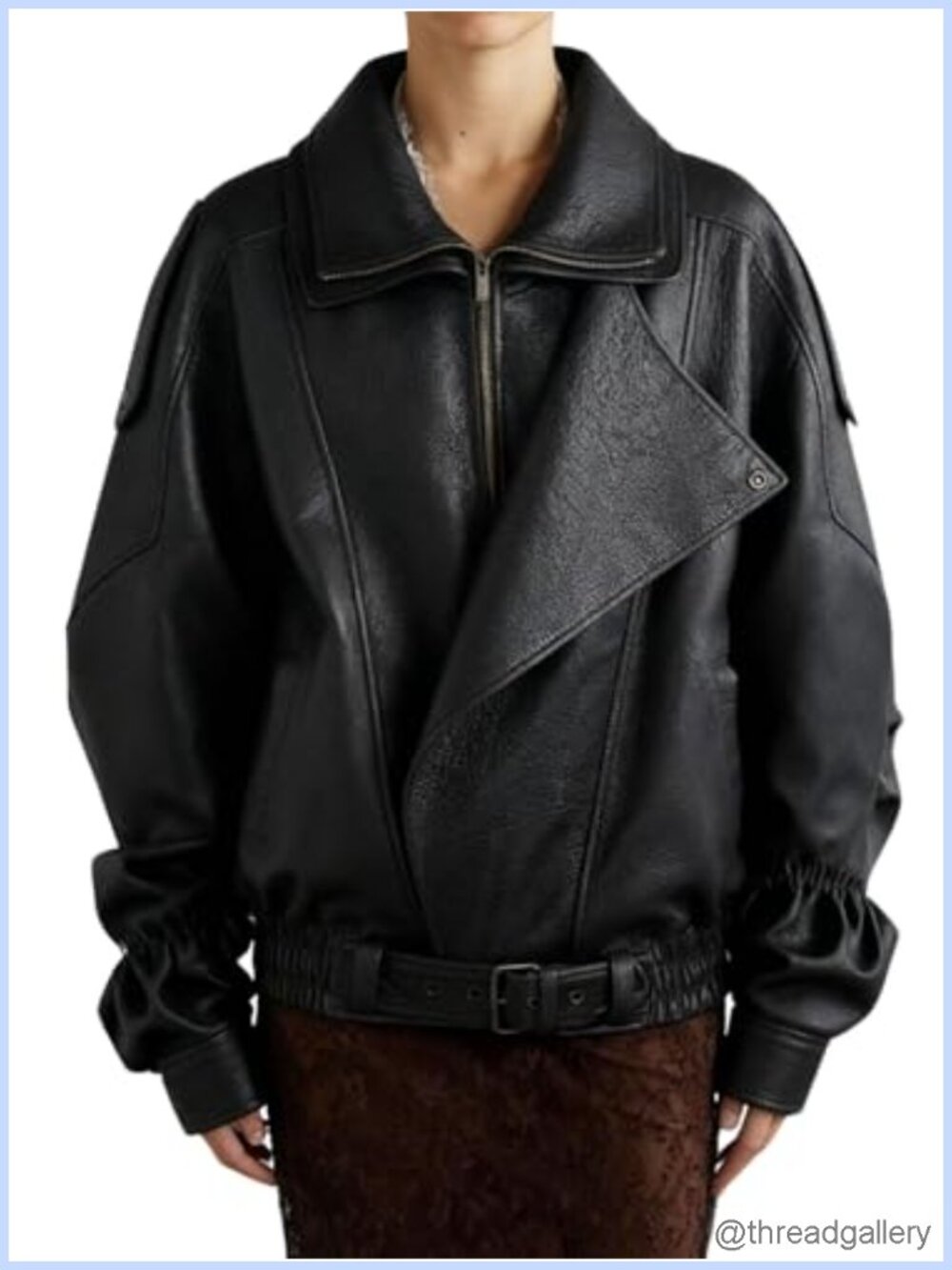 Oversized Faux Leather Moto Biker Jacket Belted Vintage Large Collar